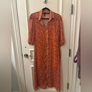 Sheer Orange Floral Button-Front Maxi Dress